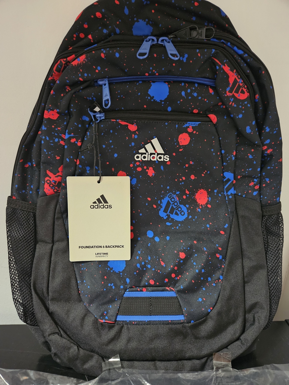 Adidas Black Backpack with Red & Blue Splatter Accents New With Bag